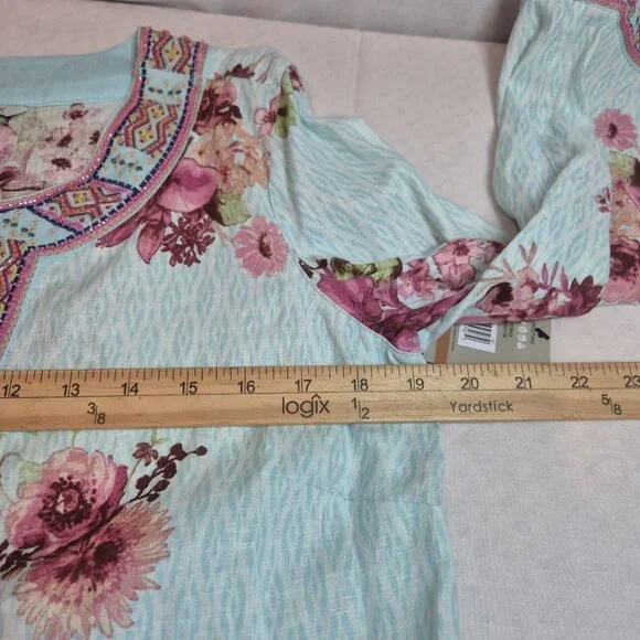 John Mark Women's Size S Floral Print Embroidered and Beaded Tunic Blue Pink (53 - Picture 12 of 14